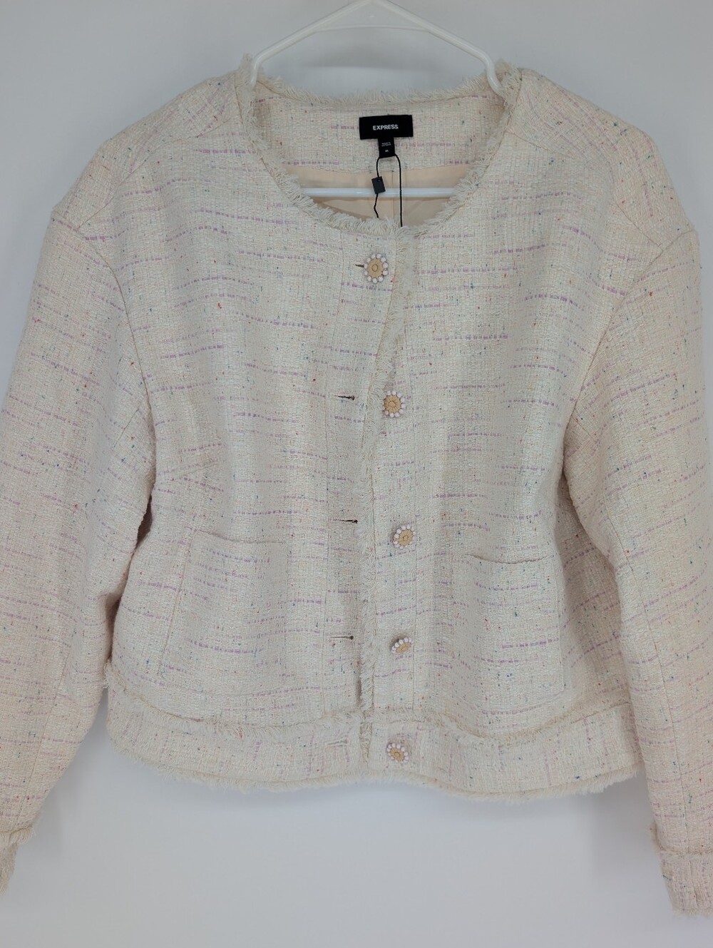 Express Fringe Tweed Blazer M Cropped Novelty Button NWT Old Money Coquette